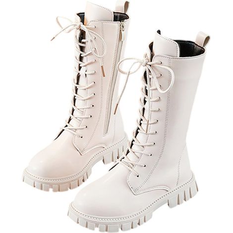 Bottes d'équitation à lacets pour filles, bottes d'hiver mi-mollet, bottes de combat en cuir PU, fermeture éclair latérale, style punk gothique, semelle crantée, talons épais (1/5)