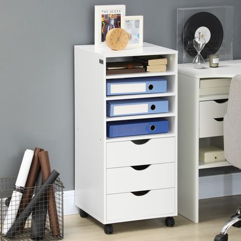 Cajonera de oficina con 4 ruedas, 4 estantes, 3 cajones, archivador de madera MDF, 38x40x86,8 cm, blanca (1/5)