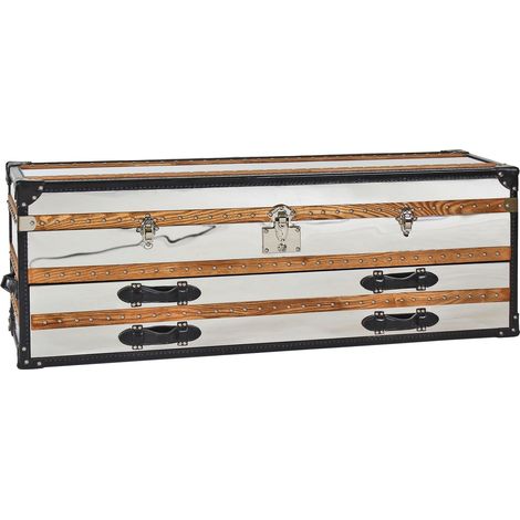 Commode basse 1 coffre 2 tiroirs en acier inoxydable et cuir (1/5)
