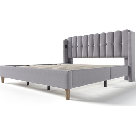 Lit double capitonné gris 180 x 200 cm avec port USB et USB-C HOMVRA (1/5)