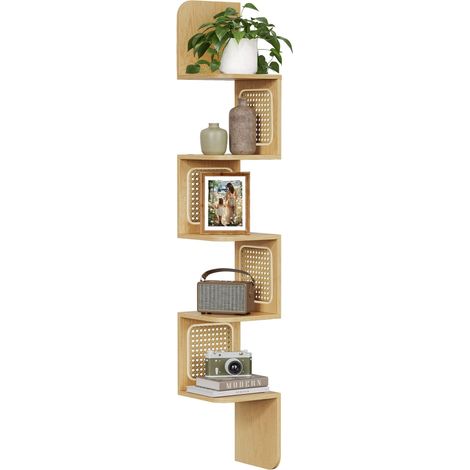 Étagère d’Angle, Étagère Murale Flottante à 5 Niveaux, en Zigzag, Côtés en Rotin PVC, Gain de Place, pour Cuisine, Chambre, Salon, Style Boho, Couleur Chêne Beige LLS582Y57 (1/5)