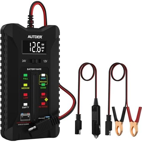 Testeur de Batterie Numérique, Voltmètre 12V/24V pour Voiture & Moto, Analyseur du Système Charge d'Alternateur avec Affichage LCD Indicateurs LED, Deux Modes Test Noir - (1/5)