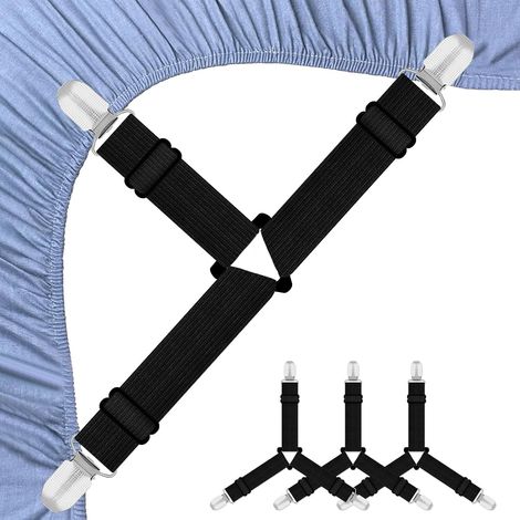 (4 Pcs) Tendeur Drap Housse, Noir Attache Drap Housse, ttache Sangle de Maintien Ajustable avec Pinces Métalliques, Tendeurs De Drap pour Drap Lit (1/4)