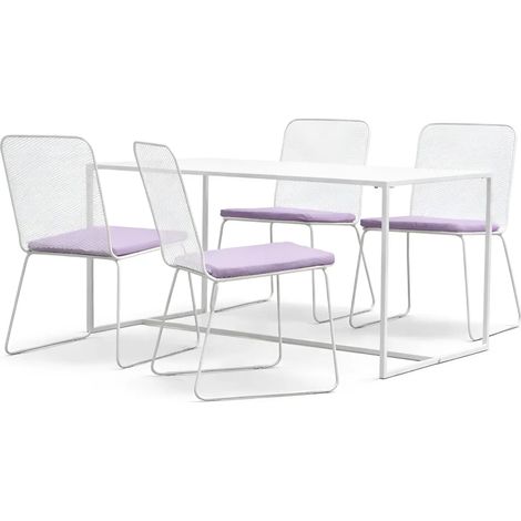 Set Tavolo 140x80 4 Sedie da Giardino Metallo Bianco con Cuscini Lilla (1/5)