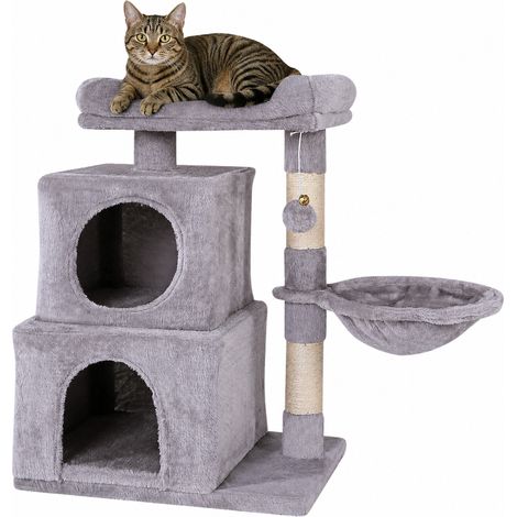 lionto Katzen Kratzbaum, 70 cm mit 2 Höhlen, Liegemulde, Liegebett & Spielball, robust & gemütlich, hellgrau (1/5)