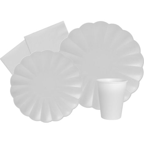 Kit Vaisselle de Fête Unicolor Flower Shape pour 8 personnes (44 pcs: 8 assiettes Ø23cm, 8 assiettes Ø18cm, 8 gobelets 250ml, 20 serviettes 33x33cm) en papier compostable eco-friendly, blanc (1/5)
