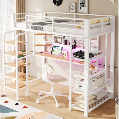 Lit mezzanine moderne 90x200 cm métal et bois blanc, avec bureau, prises intégrées, LED et étagères (1/5)