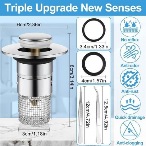 Bouchon de lavabo, 2 Pièces 34-40mm Bonde Lavabo, Pop Up Bouchon de Vidage UniverselApportez deux pince à épiler (1/4)