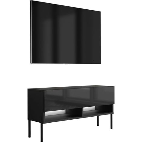 Mobile TV con gambe 100 cm, 1 anta, illuminazione LED, Nero Opaco / Nero Lucido, gambe dritte nere, 100 x 32 x 52 cm (1/5)