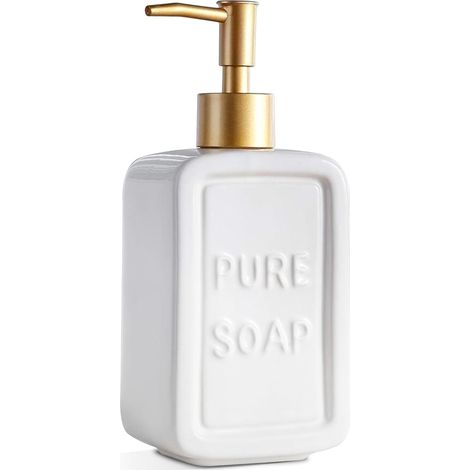 Distributeur Savon Céramique Blanc et Doré 350ml - Salle de Bain Pompe antigoutte de précision 2ml par pression · Rechargeable pour savon liquide mains ou lotion, style vintage (1/5)