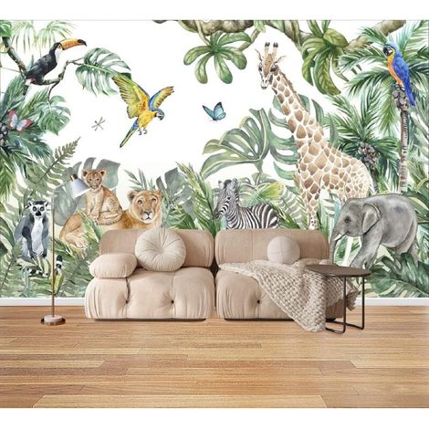 Papier Peint Intissé - Motif Animaux De La Jungle - Dimensions 200x150 Cm - Pour Chambre Enfant Salon - 1 Pièce (1/5)