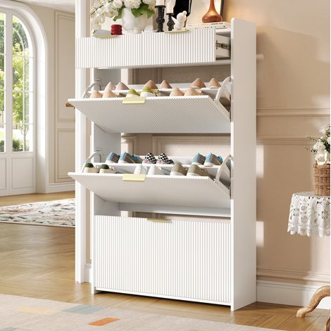 Meuble à chaussures étroit 80 x 25 x 135 cm avec 3 abattants et 2 tiroirs, blanc (1/5)