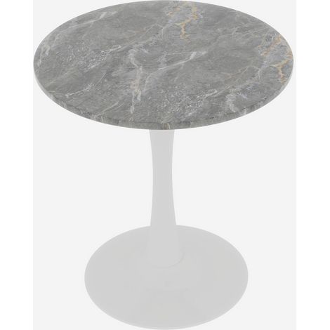 27.6-inch white coffee table, mid-century modern style dining table, suitable for 2-4 people, featuring a round marble tabletop with a dark gray veined finish, perfect for various settings. (1/5)