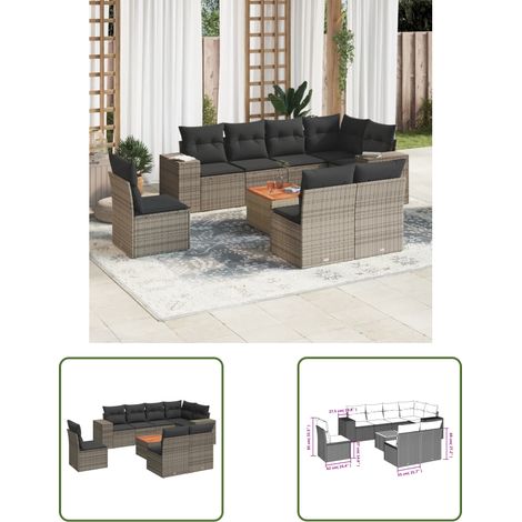 The Living Store 9-tlg. Garten-Sofagarnitur mit Kissen Grau Poly Rattan - Gartenmöbel Set - PE-Rattan Möbel - Outdoor Lounge - Esstisch Set - Balkonmöbel (1/3)