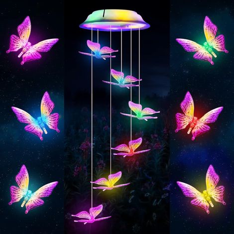Solarbetriebenes Schmetterlings-Windspiel mit farbwechselnden LEDs für den Außenbereich, Geschenk für Mama, Gartendekoration, wasserdicht und farbenfroh (1/5)