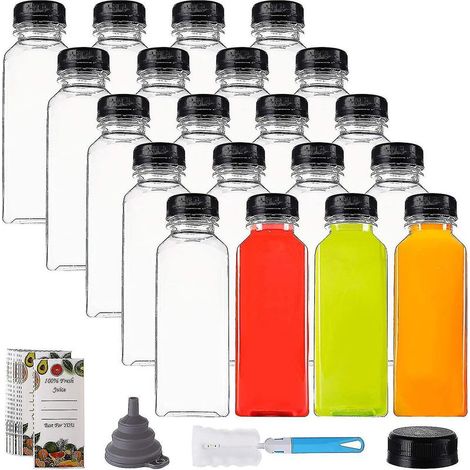 Lot de 20 bouteilles à jus en plastique de 35 cl avec bouchon noir, contenants transparents réutilisables avec couvercles, idéales pour préparer des jus, du lait, des vinaigrettes... (1/5)