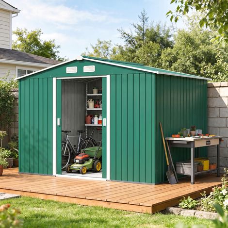 Abri de jardin de 4,9 m² avec fondations. 4 aérations et 2 portes coulissantes. Abri à outils en tôle d'acier. 277 x 195 x 192 cm. Vert foncé.