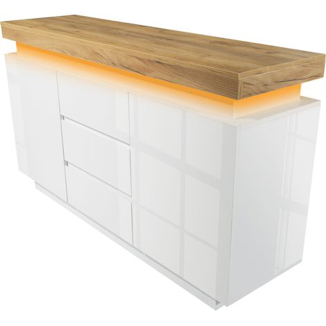 Cómoda blanca de alto brillo con 2 puertas y 3 cajones, iluminación LED, 140 x 39 x 81 cm (1/5)
