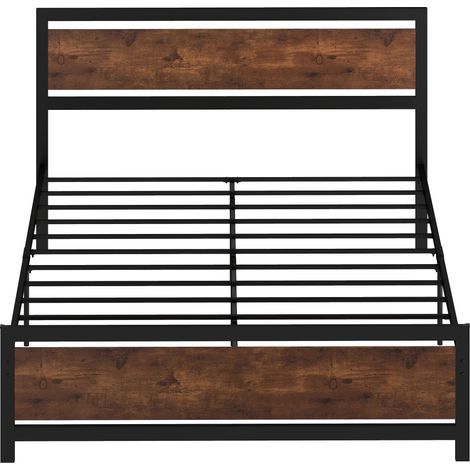 Cadre de lit double 200 x 160 cm en acier avec sommier et tête de lit compatible matelas aspect bois foncé (1/5)