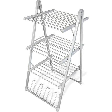 Etendoir séchoir à Linge électrique Chauffant Pliable, 3 étages 30 Barres Aluminium, 300W Support Chaussures - Aluminium - Gris (1/4)