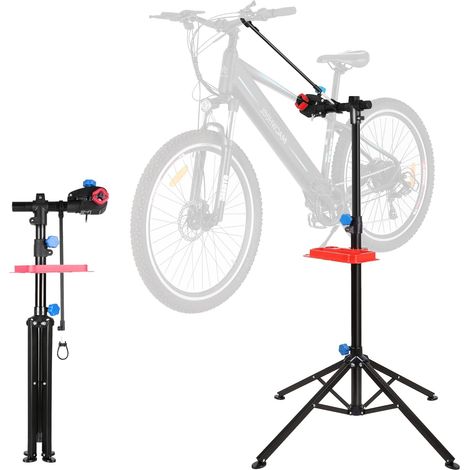 Support de Réparation Vélo, Pied d'Atelier pour Vélo, avec Porte-Outil, Pince de Serrage et Fixation pour Guidon, Hauteur Réglable: 1,15-1,7 m, Rotatif 360°, pour Tous les Types de Vélos Max 50 kg (1/5)
