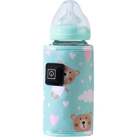 Funda aislante para biberón, función de carga USB, calentador de pecho portátil, modo de tres posiciones, osito de peluche verde
