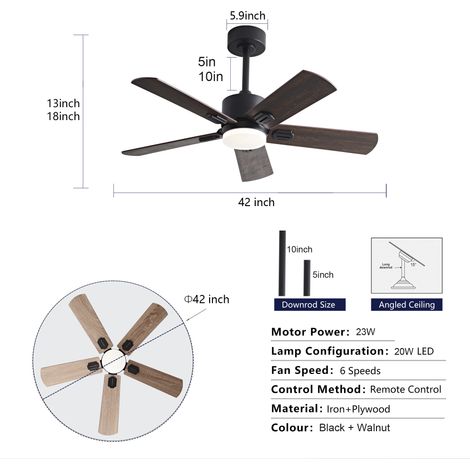 Ventilateur plafonnier 107 cm (42 pouces) avec lumière, modèle noir moderne télécommandé, style rustique intérieur, pales double finition, moteur silencieux performant, éclairage LED éclatant (1/5)