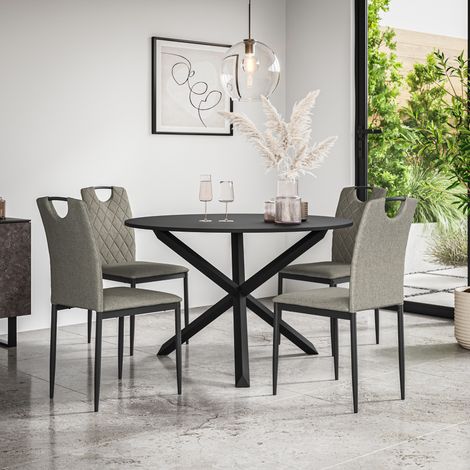 Malvern Round Dining Table And Chairs - Black Table Top w Solid Oak Black Legs + Monza Fabric Dining Chair Set Of 4 (Grey) (1/5)