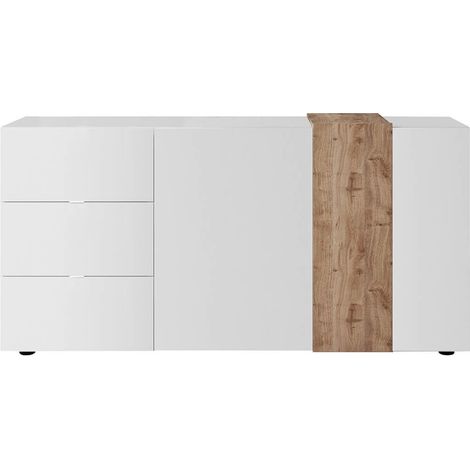 VESUVIO BLANC - Buffet 2 Portes 3 Tiroirs Laqué Blanc et Aspect Bois Finition Cadiz (1/3)