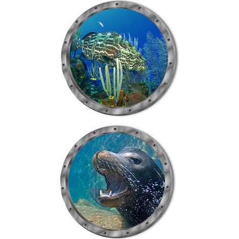 Lot de 4 stickers muraux hublot, effet 3D monde sous-marin, décoration salle de bain, adhésif surface lisse (1/5)
