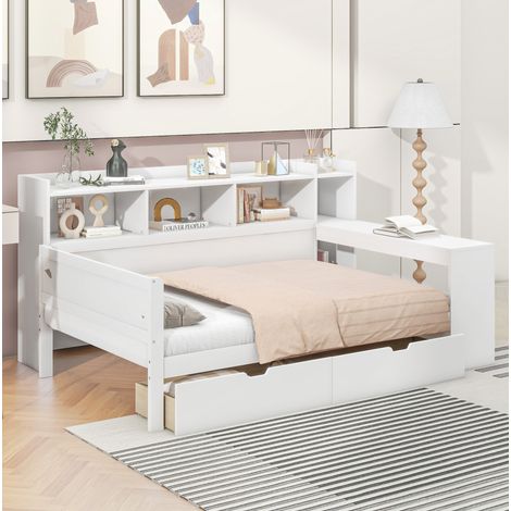 Divano letto in truciolare e MDF bianco 90x200 cm con scrivania, USB, presa e 2 cassetti (1/5)