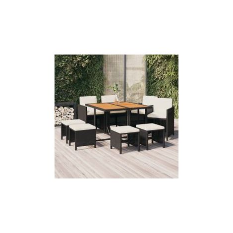 Mobilier à dîner de jardin et coussins 9pcs Résine tressée Noir (1/5)