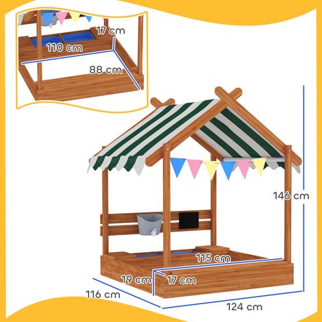 Bac à sable avec parasol, style cabane de jardin, avec ensemble de jouets, en bois massif traité, 124 x 116 x 146 cm, vert (1/5)