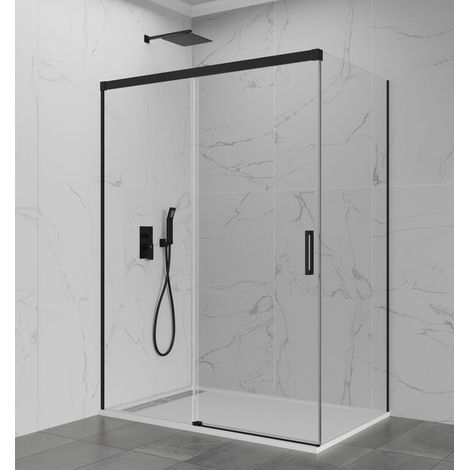 BASIC box doccia angolare con porta scorrevole, pannello fisso frontale e lato fisso, 130x70 cm, vetro trasparente, profili nero (1/5)