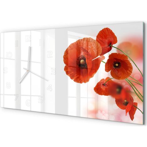 Horloge Murale Sans Tic-Tac 60x30 cm Verre Trempé Design Panoramique Coquelicots (1/5)