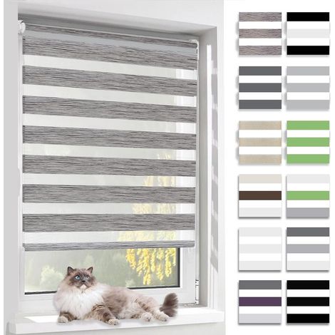 Store Enrouleur Jour Nuit,Tissu Double,Rideau sans Perage,Translucide Occultant Protection Vie privée,pour Fenêtre et Porte,(Largeur du Tissu 45 cm),Lin Gris,45l x 120L cm (1/5)