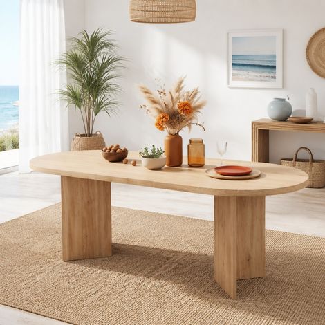 Tavolo da pranzo 160 x 80 cm in MDF effetto quercia, per 6-8 persone, angoli arrotondati (1/5)
