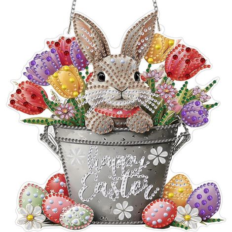 Diamond Painting Anhänger mit Kette, Osterhase & Tulpen, Fensterbild Bastelset (1/4)
