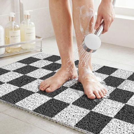 Tapis de Douche Antidérapant en PVC Loofah 50x80 cm Tapis de Bain Antidérapant avec Drain Tapis Douche Anti Moisissure Séchage Rapide à Carreaux Noir et Blanc
