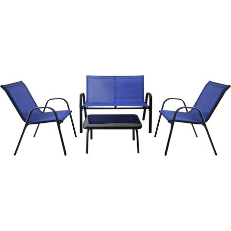 Ensemble Salon de Jardin 4 Pièces, 2 Fauteuils 1 Canapé 1 Table Basse en Verre, pour Terrasse, Piscine, Patio, Balcon, Bleu
