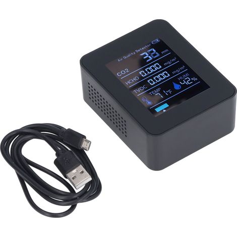 Détecteur de qualité de l'air 5 en 1 - Stockage des données sur 60 jours - Longue autonomie - Affichage numérique LED - Chargement USB - Détecteur de CO2