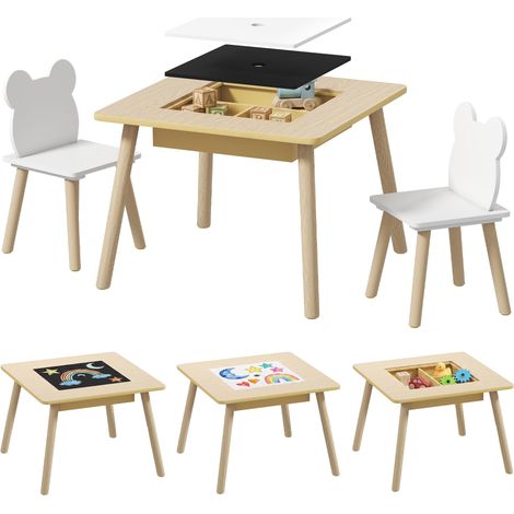 Table enfant avec 2 chaises, ensemble de sièges enfant avec rangement, dossier en forme d'ours pour enfants de 3 à 6 ans, bois naturel (1/5)