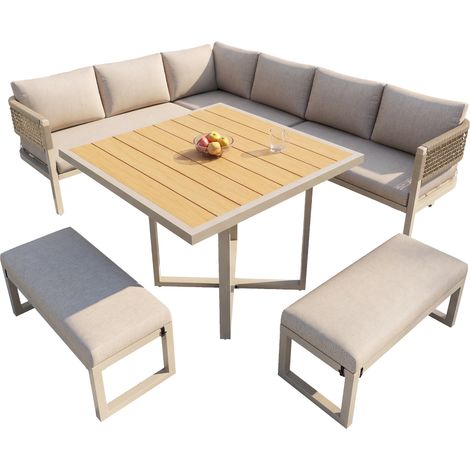 Ensemble lounge de jardin, mobilier pour 8 à 10 personnes, canapé de jardin avec grande table à manger en bois plastique, tressage de corde, grande table à effet bois, pieds réglables, tous les coussi (1/5)