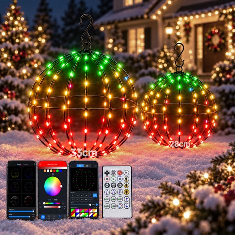 2 Pcs Boule Lumineuse Noël Extérieur RGB Ø33cm+Ø28cm 108 LED Guirlande avec App Contrôle 40 Modes Décorations Guirlande Lumineuses Minuterie Musicale Câble USB 3m pour Jardin Fête Balcon (1/5)