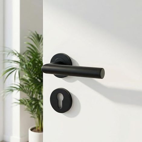 Interior Door Handle Stainless Steel Matt Black with PZ Profile Cylinder and Round Rosette - L Shape (1/5)