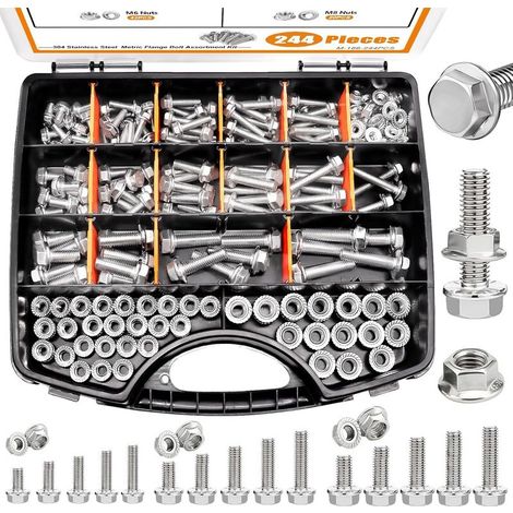 244-teiliges Sortiment metrischer Schrauben und Muttern aus Edelstahl 304, M5/M6/M8 (10 mm bis 35 mm), Kfz-Sechskantschrauben- und Muttern-Unterlegscheiben-Set M-166-244PCS (1/5)