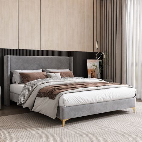 Cama adulto, cama doble acolchada de 140 x 200 cm con base de láminas, estructura de terciopelo, gris, sin colchón, sin banco (1/5)