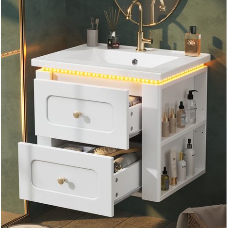 Meuble de salle de bain suspendu 61 cm avec vasque en céramique, LED et 2 tiroirs, blanc HAVRYA (1/5)