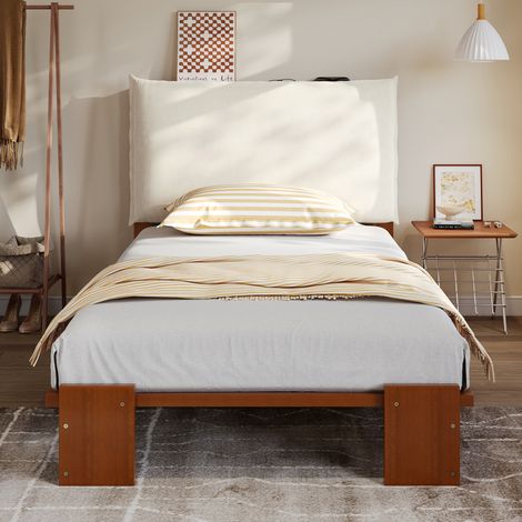 Lit simple 90x200 bois pin, tête rembourrée, sommier lattes solide, marron foncé (1/5)