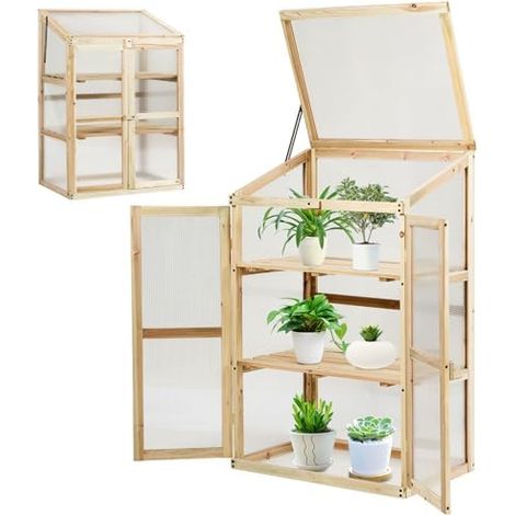 Serre surélevée à 3 étages en Bois résistant aux intempéries avec 2 Portes et Couvercle, fenêtre en Polycarbonate, Plate-Bande pour Plantes, Armoire d'élevage, 60 x 45 x 100 cm, Naturel (1/5)